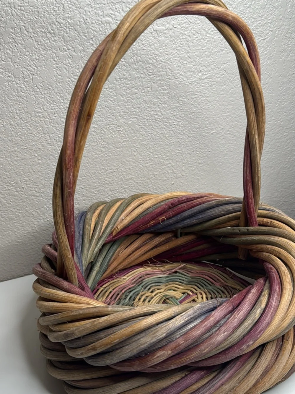 Woven Decorative Basket with Handle in Pink and Natural Tones